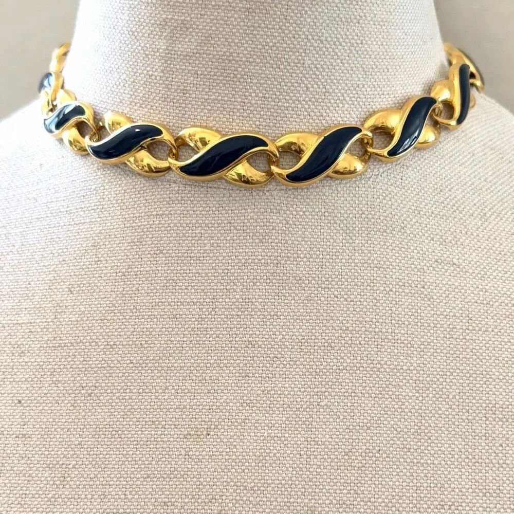 Vintage Navy Enamel Gold Tone Statement Necklace